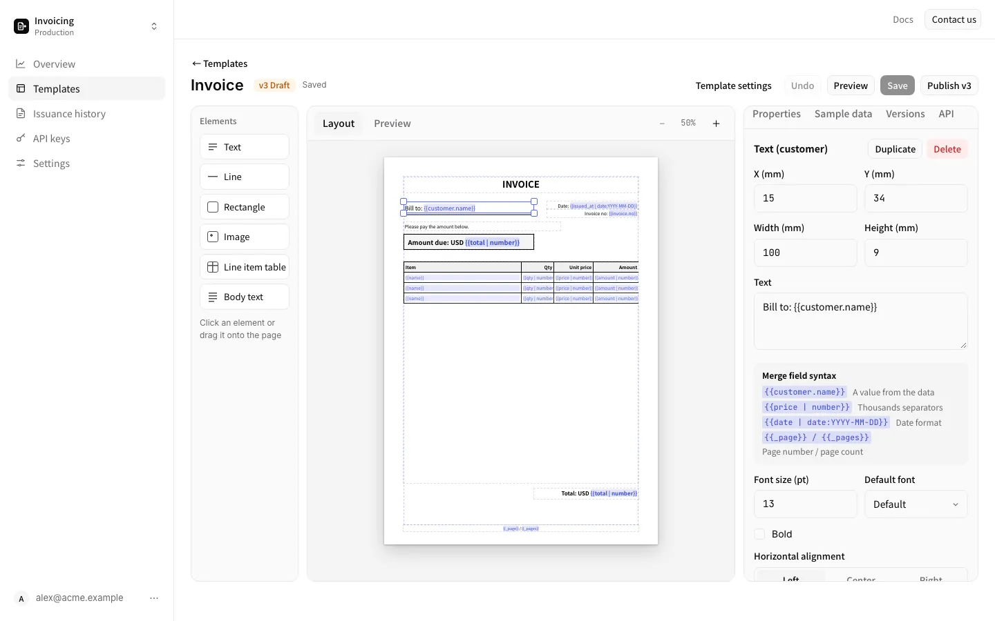 The dashboard template editor with an invoice template open: elements to place on the left, the page with merge fields in the center, and the properties of the selected text on the right