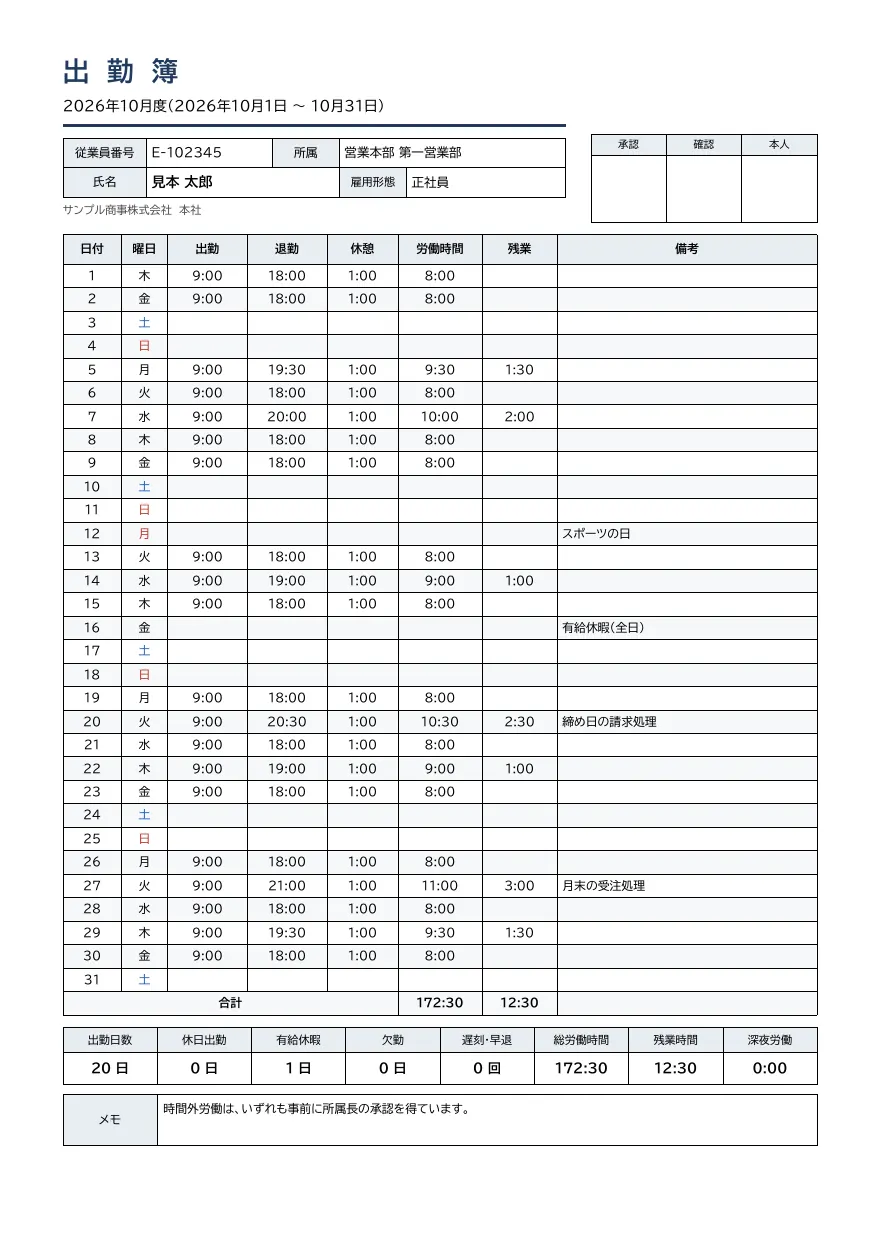 出勤簿テンプレートの見本(DocRelay で発行した PDF の 1 ページ目)