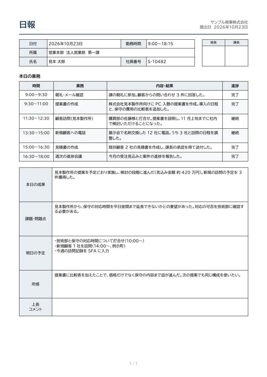 日報テンプレートの見本（DocRelay で発行した PDF の 1 ページ目）