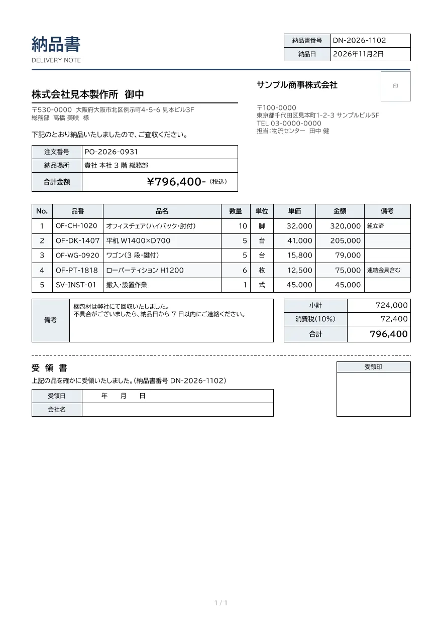 納品書テンプレートの見本（DocRelay で発行した PDF の 1 ページ目）