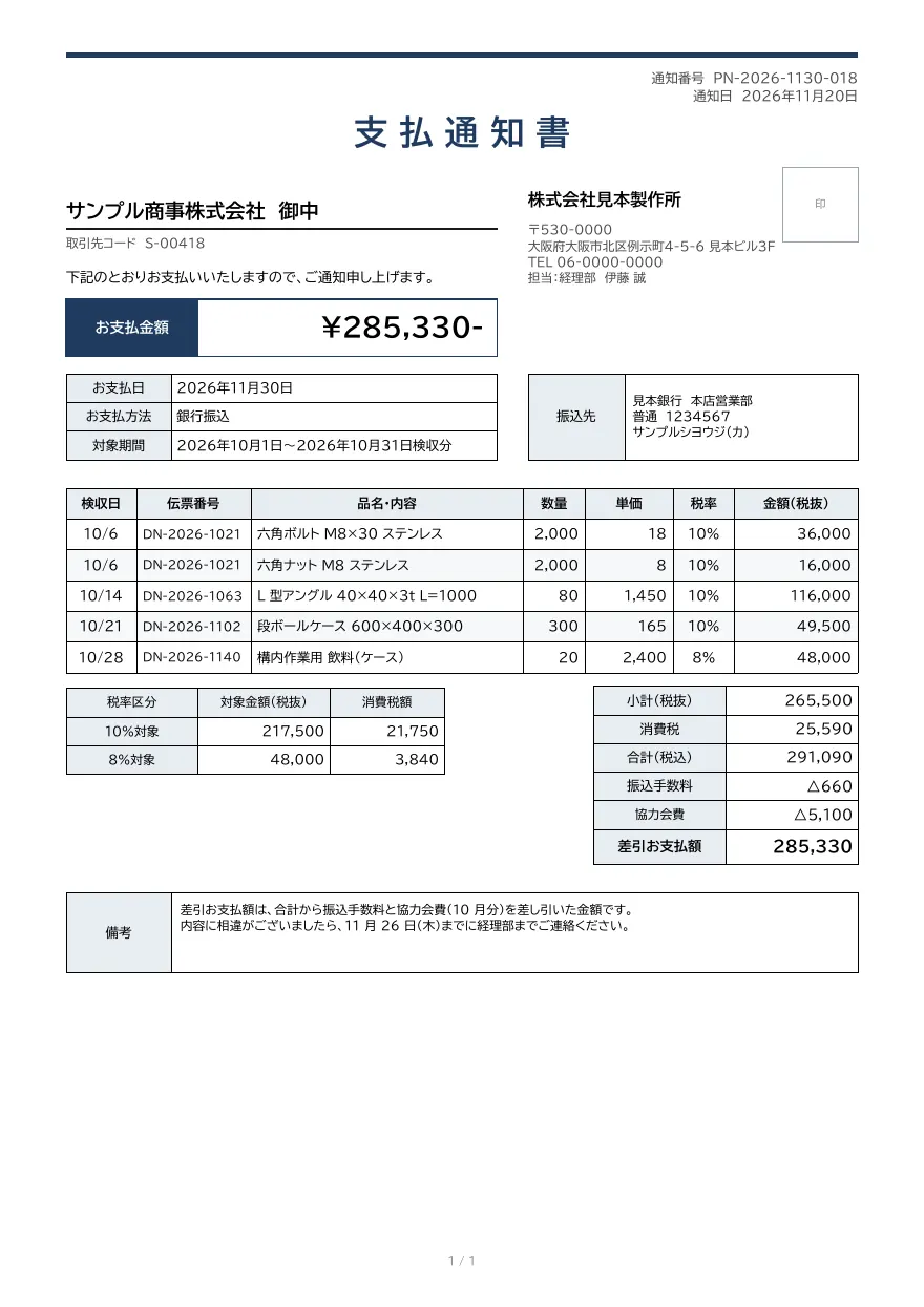 支払通知書テンプレートの見本（DocRelay で発行した PDF の 1 ページ目）