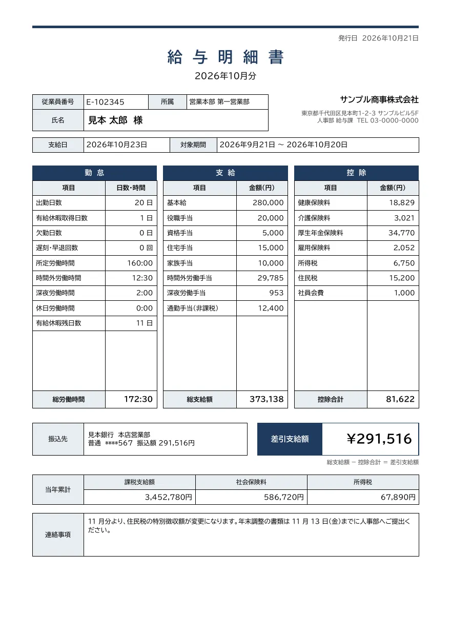 給与明細書テンプレートの見本（DocRelay で発行した PDF の 1 ページ目）