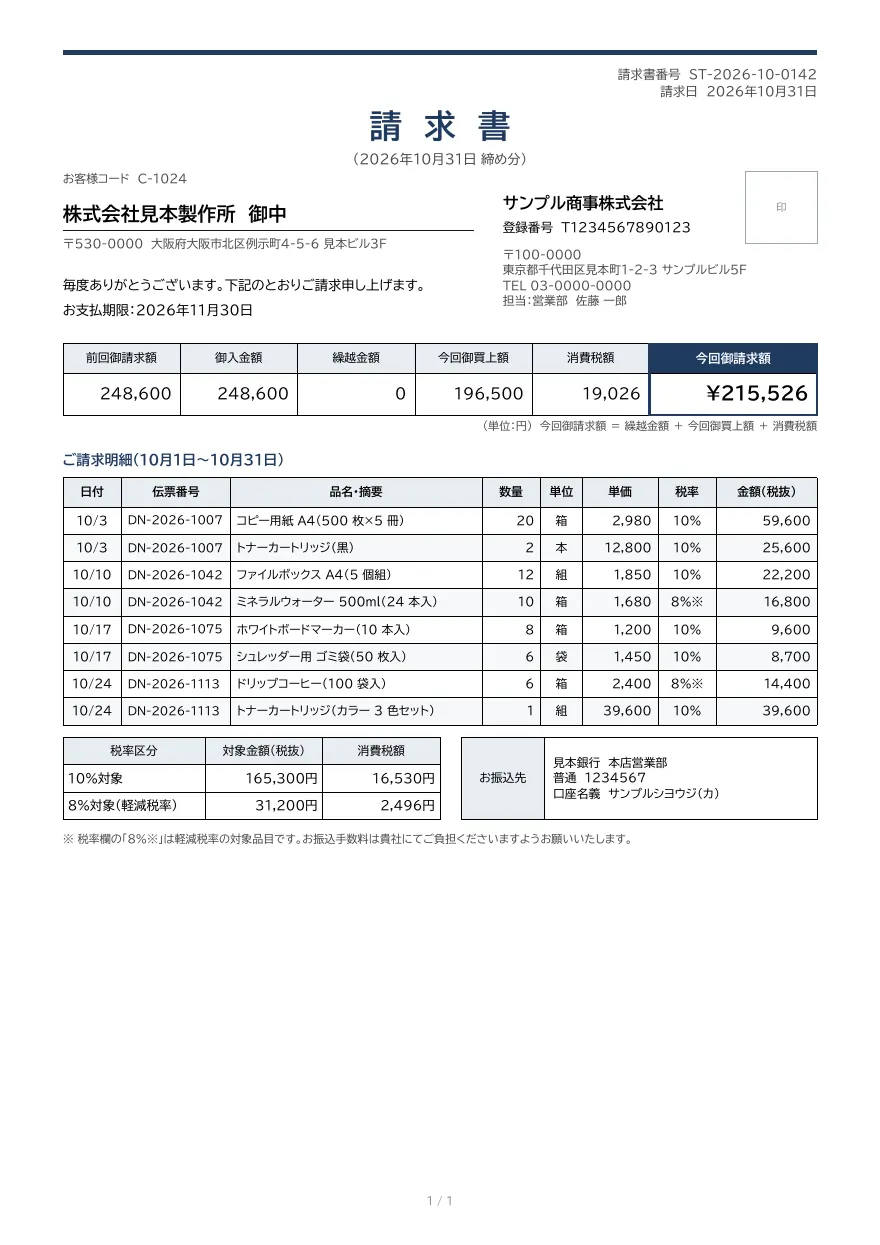 合計請求書テンプレートの見本（DocRelay で発行した PDF の 1 ページ目）