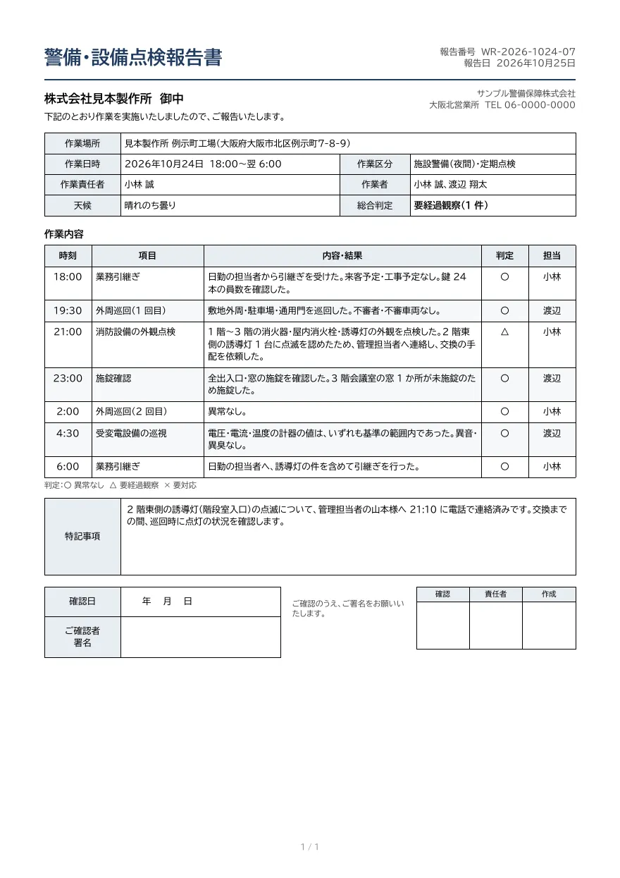 作業報告書テンプレートの見本（DocRelay で発行した PDF の 1 ページ目）
